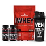 Ficha técnica e caractérísticas do produto Combo Testo Power - Power Whey + Monster Bcaa + Monster Testo Zma + Coqueteleira Preta - Chocolate