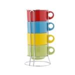 Ficha técnica e caractérísticas do produto Conjunto 4 Xícaras de Chá de Porcelana 200ml Colorido com Suporte