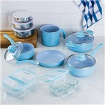 Ficha técnica e caractérísticas do produto Conjunto de Panelas Everyday Azul + 2 Marmitas Vidro + Conjunto Potes Inox - 10 Peças - La Cuisine