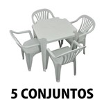 Conjunto Mesa e 4 Cadeiras Poltrona Plastico Branco 5 Conjuntos