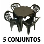 Conjunto Mesa e 4 Cadeiras Poltrona Plastico Preto 5 Conjuntos