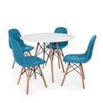 Ficha técnica e caractérísticas do produto Conjunto Mesa Eiffel Branca 80cm + 4 Cadeiras Dkr Charles Eames Wood Estofada Botonê Turquesa