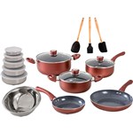 Ficha técnica e caractérísticas do produto Conjunto Panela de Revestimento Cerâmico Metalizada 5 Peças Vermelho Cobre + Pote 5 Peças + Conjunto Espátulas 3 Peças + Escorredor de Arroz - La Cuisine