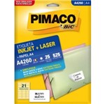 Ficha técnica e caractérísticas do produto Etiqueta Inkjet/Laser A4 260 38,1x63,5 525 Unidades Pimaco