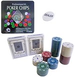 Ficha técnica e caractérísticas do produto Ficha de Poker com 100 Fichas + 2 Baralhos + Dealer - Imporiente