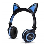 Ficha técnica e caractérísticas do produto Headphone Orelha Gato Ear Cat Fone Ouvido com Luzes Preto e Azul