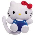 Hello Kitty Rindo à Toa Boneca Bicho de Pelúcia com Sensor Gira e Ri - Modelo Gatinha Roupa Azul Dt8