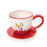 Ficha técnica e caractérísticas do produto Jogo 4 Xícaras C/ Pires Chá Café Mesa Natal Cerâmica Vermelha