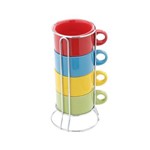 Ficha técnica e caractérísticas do produto Jogo 4 Xícaras Café Porcelana 200ml Colorida com Suporte