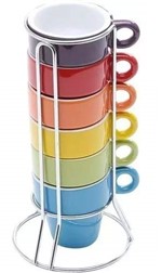 Ficha técnica e caractérísticas do produto Jogo 6 Xícaras de Café 50ml Coloridas com Suporte