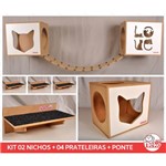 Ficha técnica e caractérísticas do produto Kit 02 Nichos Gatos + 02 Prat Arranhador + Ponte - Mdf Cru - Frente Branca - Love + Face Cat - Cj 5 Pc