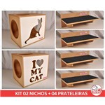 Ficha técnica e caractérísticas do produto Kit 02 Nichos Gatos + 04 Prat Arranhador Mdf Cru - Frente Branca - I Love My Cat + Sit Cat - Cj 6 Pc