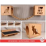 Ficha técnica e caractérísticas do produto Kit 02 Nichos Gatos + 04 Prat Arranhador + Ponte - Mdf Cru - I Love My Cat + Sit Cat - Cj 7 Pc