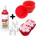 Ficha técnica e caractérísticas do produto Kit 12 Forminhas de Silicone Vermelhas Cupcake + Decorador com 8 Bicos Injetemp