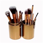 Ficha técnica e caractérísticas do produto Kit 12 Pincéis Pincel Maquiagem + Case Copo Dourado