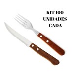 Ficha técnica e caractérísticas do produto Kit 100 Garfo + 100 Faca Inox Cabo Madeira Restaurante 200 Peças