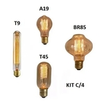 Ficha técnica e caractérísticas do produto KIT 4 Lâmpadas filamento de carbono 40w Retrô T9, T45, A19, Br85 110V