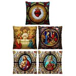 Ficha técnica e caractérísticas do produto Kit 5 Almofadas Ladrilhos Católicos Sagrados Corações Cheias 40cm X 40cm
