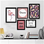 Ficha técnica e caractérísticas do produto Kit 5 Quadros Decorativos Flamingo Quarto C/vidro e Molduras Pretas - Zeegposters