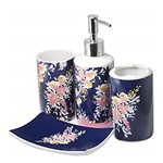 Ficha técnica e caractérísticas do produto Kit Banheiro 4 Peças Floral Rosa Azul Marinho