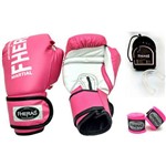 Ficha técnica e caractérísticas do produto Kit Boxe Muay Thai Fheras Luva Bandagem Bucal 10oz Rosa / Branco