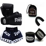Kit Boxe Muay Thai Fheras Luva Bandagem Bucal Shorts 14oz Preta