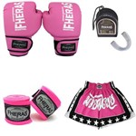 Ficha técnica e caractérísticas do produto Kit Boxe Muay Thai Fheras Luva Bandagem Bucal Shorts 12oz Rosa