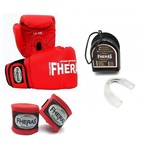 Ficha técnica e caractérísticas do produto Kit Boxe Muay Thai Fheras Luva Bandagem Bucal Vermelho 10oz