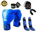 Ficha técnica e caractérísticas do produto Kit Boxe Muay Thai Fheras Luva Caneleira Bandagem Bucal Azul