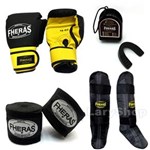 Ficha técnica e caractérísticas do produto Kit Boxe Muay Thai Fheras Luva + Caneleira + Bandagem + Bucal Preta/Amarela 10Oz