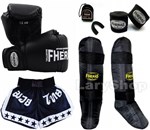 Ficha técnica e caractérísticas do produto Kit Boxe Muay Thai Fheras Luva Caneleira Bandagem Bucal Shorts 14oz Preta