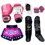 Ficha técnica e caractérísticas do produto Kit Boxe Muay Thai Fheras Luva Caneleira Bandagem Bucal Shorts 14oz Rosa / Branco