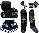 Ficha técnica e caractérísticas do produto Kit Boxe Muay Thai Fheras Luva Caneleira Bandagem Bucal Shorts 12oz Preta