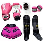 Ficha técnica e caractérísticas do produto Kit Boxe Muay Thai Fheras Luva Caneleira Bandagem Bucal Shorts 12oz Rosa