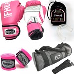 Ficha técnica e caractérísticas do produto Kit Boxe Muay Thai Fheras Luva Rosa 10oz Bandagem Bucal Bolsa