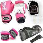 Ficha técnica e caractérísticas do produto Kit Boxe Muay Thai Fheras Luva Rosa 14oz Bandagem Bucal Bolsa