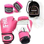 Ficha técnica e caractérísticas do produto Kit Boxe Muay Thai Fheras Luva Rosa 14oz + Bandagem + Bucal