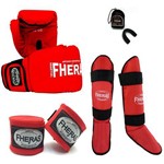 Ficha técnica e caractérísticas do produto Kit Boxe Muay Thai Fheras Luva Trad. Caneleira Freestyle Bandagem Bucal 10oz Vermelha