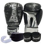 Ficha técnica e caractérísticas do produto Kit Boxe / Muay Thai / Kickboxing - Luva 10 Oz Preta com Prata + Bandagem + Protetor Bucal - Thunder Fight - REF 1049