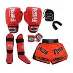 Ficha técnica e caractérísticas do produto Kit Boxe Muay Thai Luva 14 Oz Bandagem Bucal Caneleira Shorts- Fheras Tradicional Vermelho