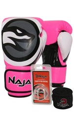 Ficha técnica e caractérísticas do produto Kit Boxe Muay Thai - Luva Colors Flúor Rosa + Bandagem (2,30 Metros) Preta + Protetor Bucal Simples - Naja