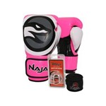 Ficha técnica e caractérísticas do produto Kit Boxe Muay Thai - Luva Colors Flúor Rosa + Bandagem (2,30 Metros) Preta + Protetor Bucal Simples Transparente - Naja