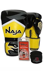 Ficha técnica e caractérísticas do produto Kit Boxe Muay Thai - Luva New Extreme Amarela + Bandagem (2,30 Metros) Preta + Protetor Bucal Simples Transparente - Naja - 12 OZ