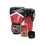 Ficha técnica e caractérísticas do produto Kit Boxe Muay Thai - Luva New Extreme Vermelha + Bandagem (2,30 Metros) Preta + Protetor Bucal Simples Transparente - Naja - 12 OZ