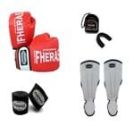 Ficha técnica e caractérísticas do produto Kit Boxe Muay Thai Orion -Luva Bandagem Bucal Caneleira Anatômica - 14 Oz- Vermelho/Branco