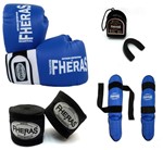 Ficha técnica e caractérísticas do produto Kit Boxe Muay Thai Orion Luva Bandagem Bucal Caneleira - Azul/Branco - Fheras