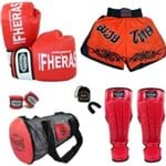 Ficha técnica e caractérísticas do produto Kit Boxe Muay Thai Orion Luva Bandagem Bucal Caneleira Bolsa Shorts TRIBA 08 OZ