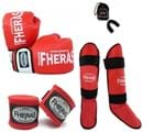 Ficha técnica e caractérísticas do produto Kit Boxe Muay Thai Orion - Luva Bandagem Bucal Caneleira Shorts ( Fheras) - 08 Oz Vermelho/Branco