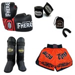 Ficha técnica e caractérísticas do produto Kit Boxe Muay Thai Orion Luva Bandagem Bucal Caneleira Shorts - Preto/Vermelho - Fheras