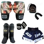 Ficha técnica e caractérísticas do produto Kit Boxe Muay Thai Top - Luva Bandagem Bucal Caneleira Free Style Shorts(Fheras) - 10 Oz - Bandeira